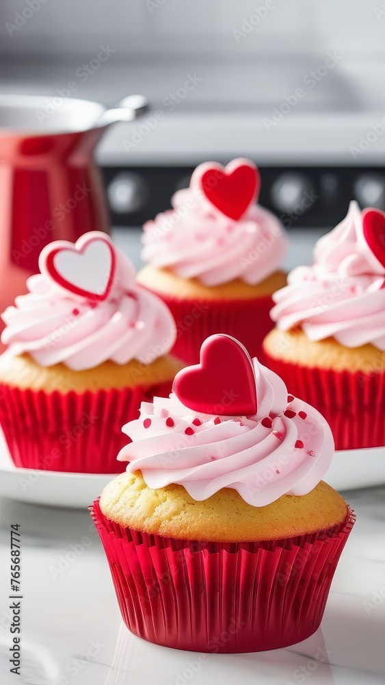Cupcakes decorated with pink hearts on a white plate in the kitchen. generative ai