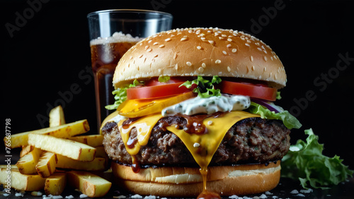 Fastfood Combo  Hamburger  French Potato Fry and Cold Coke at Restaurant