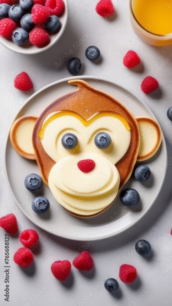 Obraz premium creative food for kids, pancake in the form of monkey with berries. generative ai