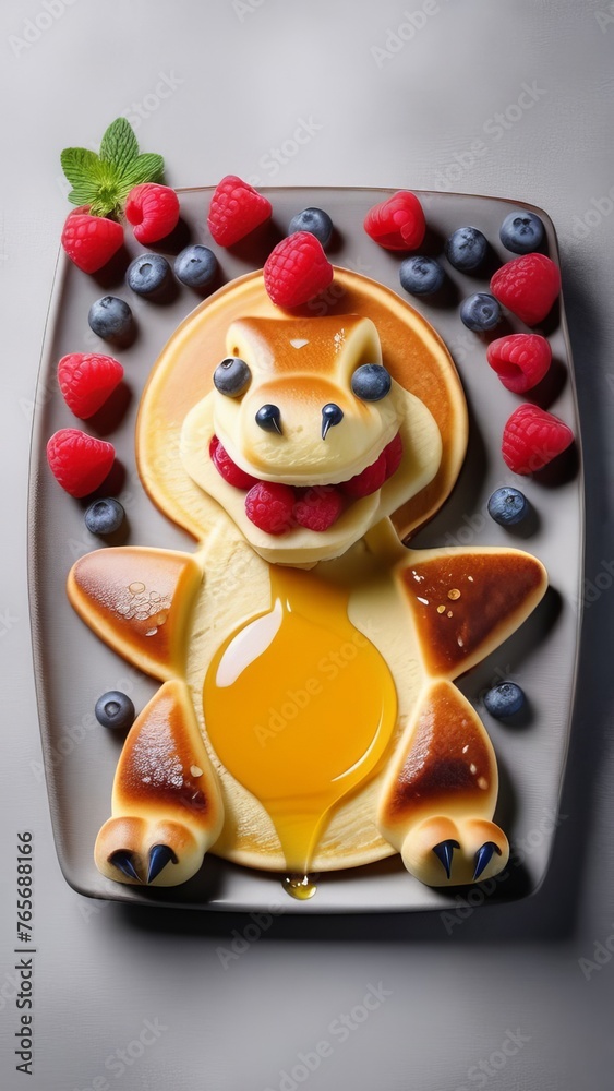 Pancakes in the shape of Funny dinosaur made of fresh berries on gray background, top view. generative ai