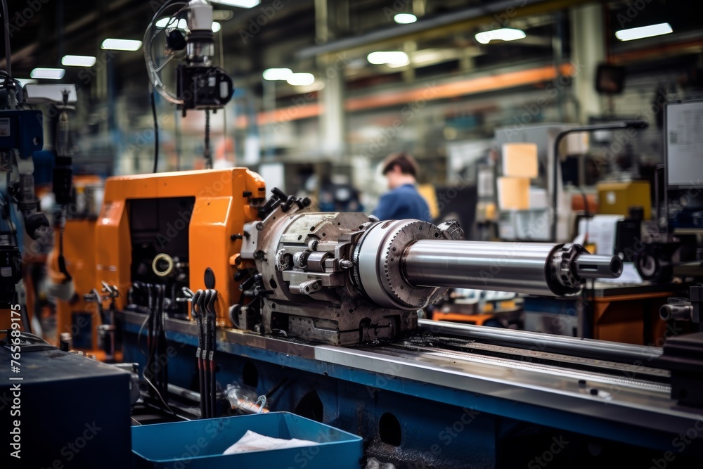 Close-up on a silencer in a lively factory setting with machinery and tools scattered around Close-up on a silencer in a lively factory setting with machinery and tools scattered around