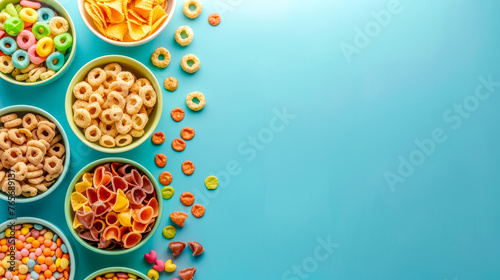 Colorful assortment of snacks on blue background