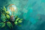 Renewable Energy Light Bulb with Green Leaves, Earth Day Environment Protection, Digital Painting