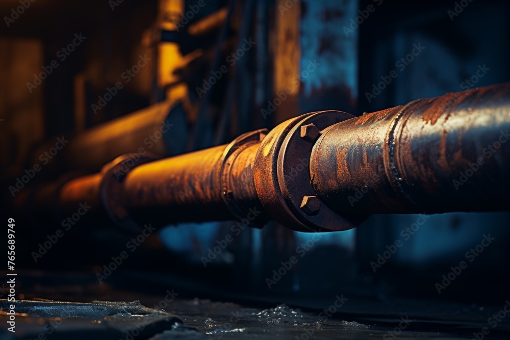 Rustic Pipe Joint Against a Background of Aged Metal and Concrete in an Industrial Environment Rustic Pipe Joint Against a Background of Aged Metal and Concrete in an Industrial Environment