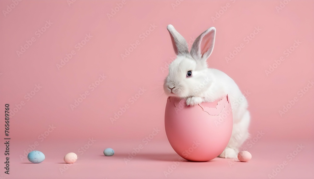 Cute Easter bunny hatching Easter egg 