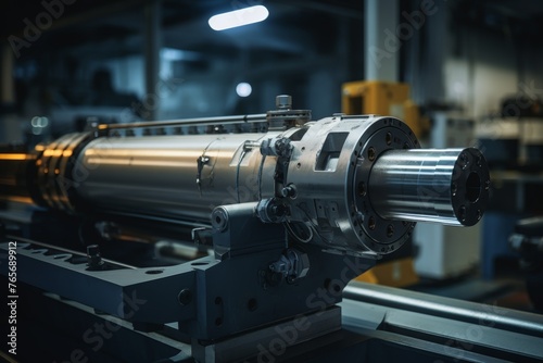 The heart of industry: A powerful hydraulic ram captured in a close-up within a bustling factory