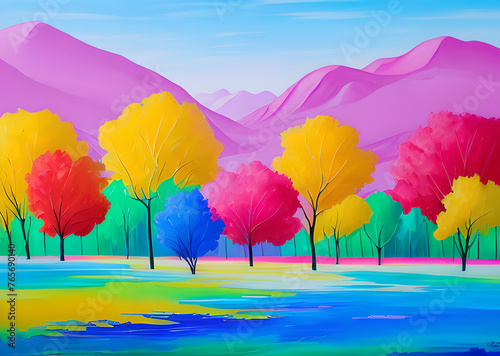 landscape in a fabulous forest, rainbow spectrum of colorful autumn trees in unusual neon lighting, fog background autumn fantasy painted, mountain and forest terrain, Generative AI © LIUBOMYR