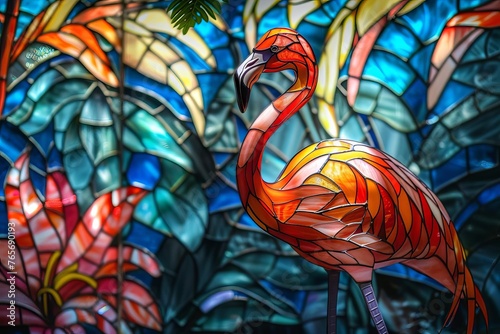 Vibrant stained glass showcase of a graceful flamingo, elegant and colorful photo