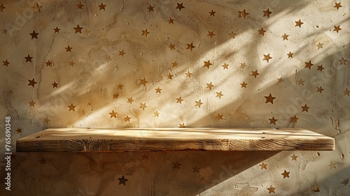 Soft daylight on simple wooden ledge with star-patterned wall