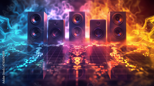 Music sounds speaker system on colorful bokeh background, The sound wave on the audio equipment control, entertainment concept for sounds and music editing,