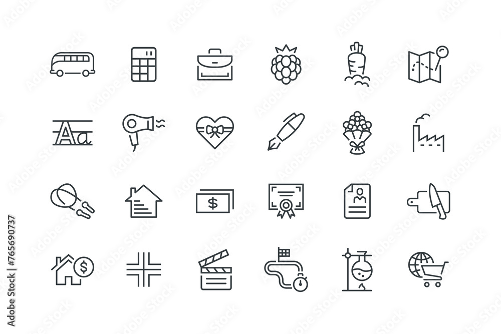 Blackberry,Briefcase,Calculator,Camping,Carrot vegetable,Cart international,Chemical reaction,Circuit,Clap clapperboard,Cross medical,Cutting,Cv curriculum,Diploma,set icons, vector illustration