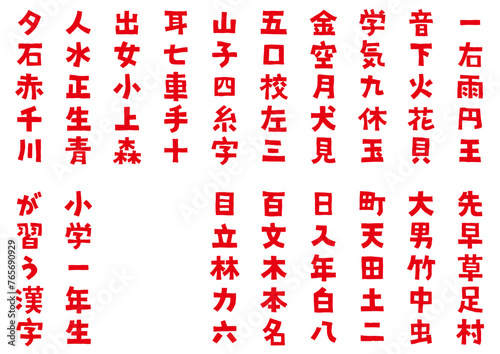 イラスト素材:手書き風の小学１年生が習う漢字(かんじ)　太字のフォント	