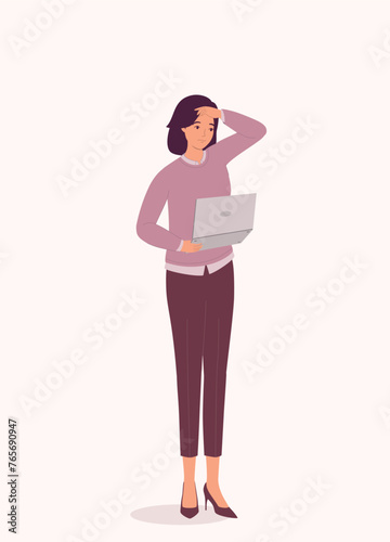 One Businesswoman Looking At Her Laptop With Worried Face And Hand On Forehead. Full Length.