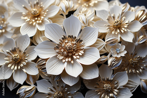 Abstract ceramic flowers decorated like jewelry with precious metals and stones.