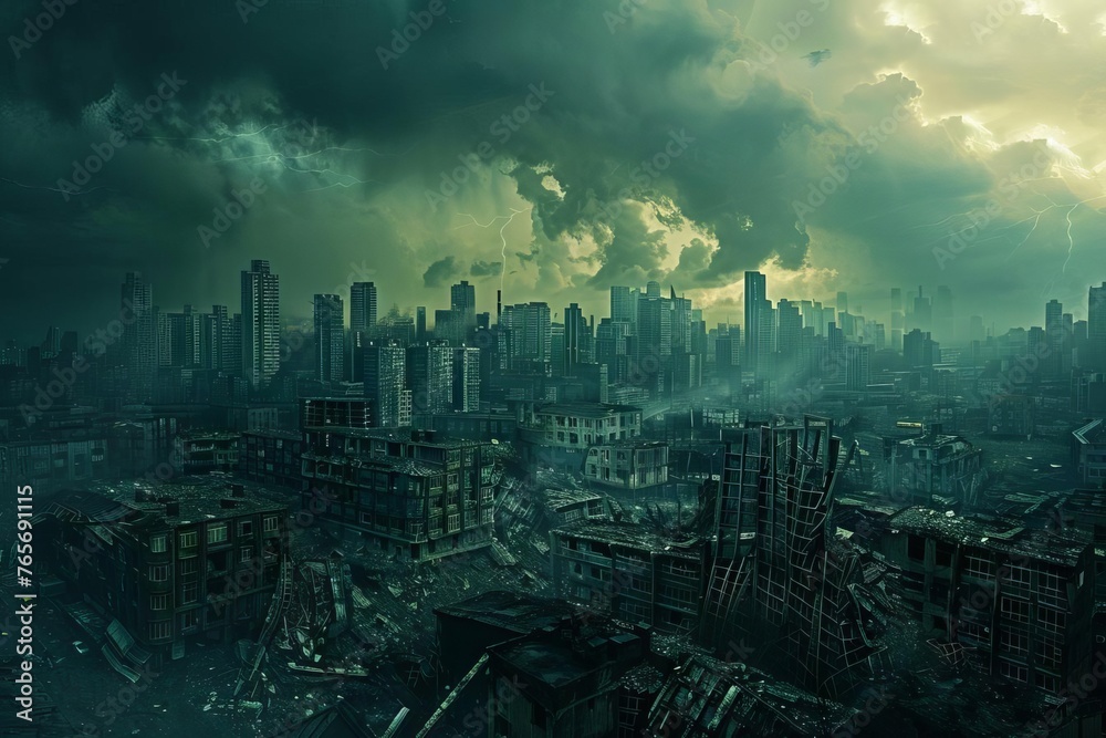 Dramatic Digital Painting of a Post-Apocalyptic Cityscape with Ruined Buildings and Stormy Skies