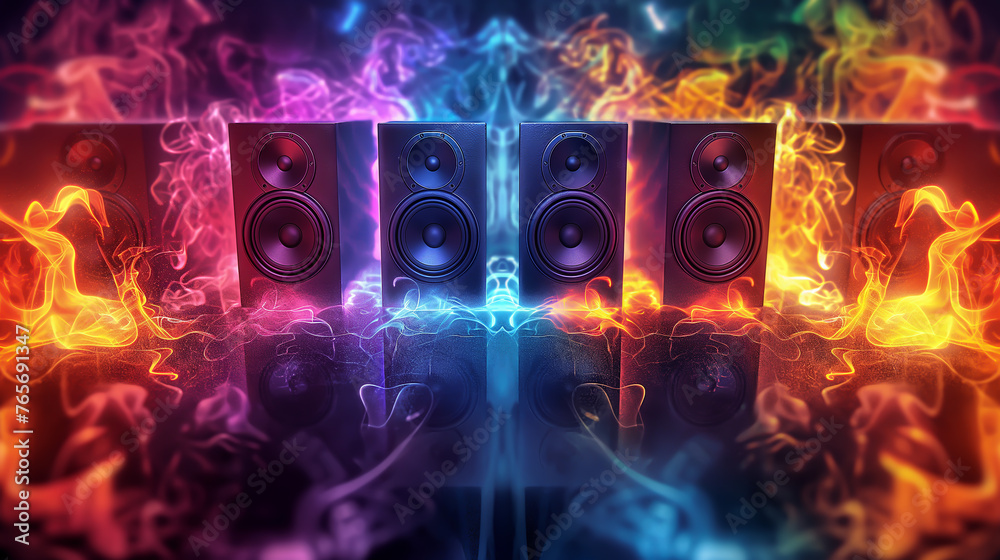 Music sounds speaker system on colorful bokeh background, The sound wave on the audio equipment control, entertainment concept for sounds and music editing, Music sounds speaker system on colorful bokeh background, The sound wave on the audio equipment control, entertainment concept for sounds and music editing,