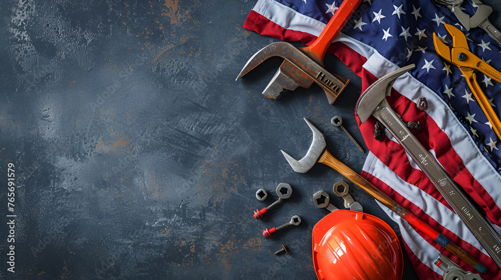 Top view design concept of Labor Day with working tools on gray table background Top view design concept of Labor Day with working tools on gray table background