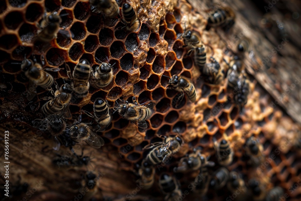 Bienen auf einer Honigwabe in Nahaufnahme Bienen auf einer Honigwabe in Nahaufnahme