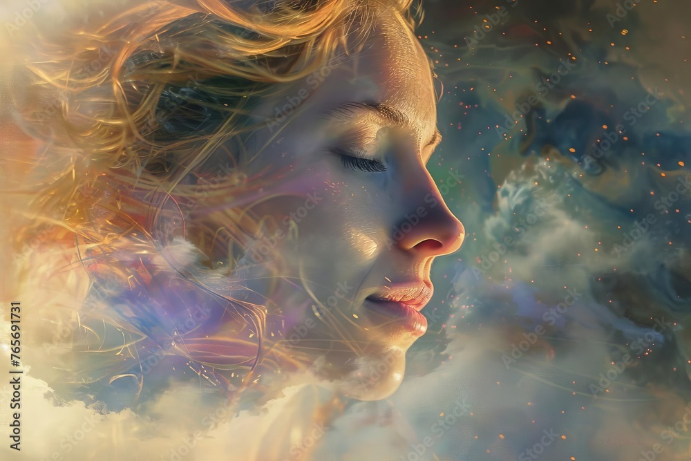Ethereal Portrait of a Dreaming Girl, Transcendent Meditation Concept, Digital Painting