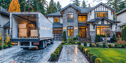 Open moving truck in driveway of upscale suburban house, wide banner photo