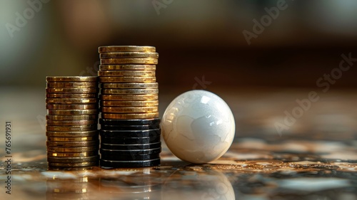 Glistening coins tower next to a black and white ball