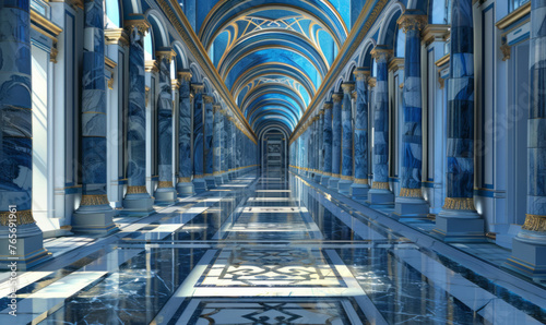 A fancy building features a blue and white hallway, with dark gold accents and classical elements.