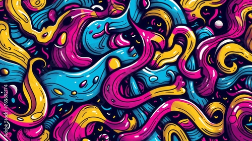 A colorful abstract design features wavy shapes, bright colors, playful doodles, bold outlines, and flat colors.