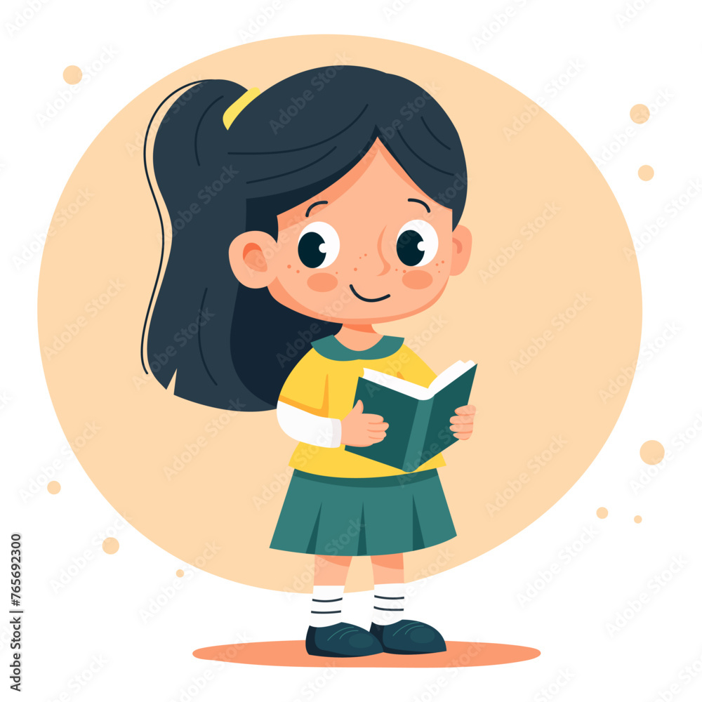 Little schoolgirl standing with a book, textbook in hand. Cartoon characters.  Vector illustration. Isolated on white background