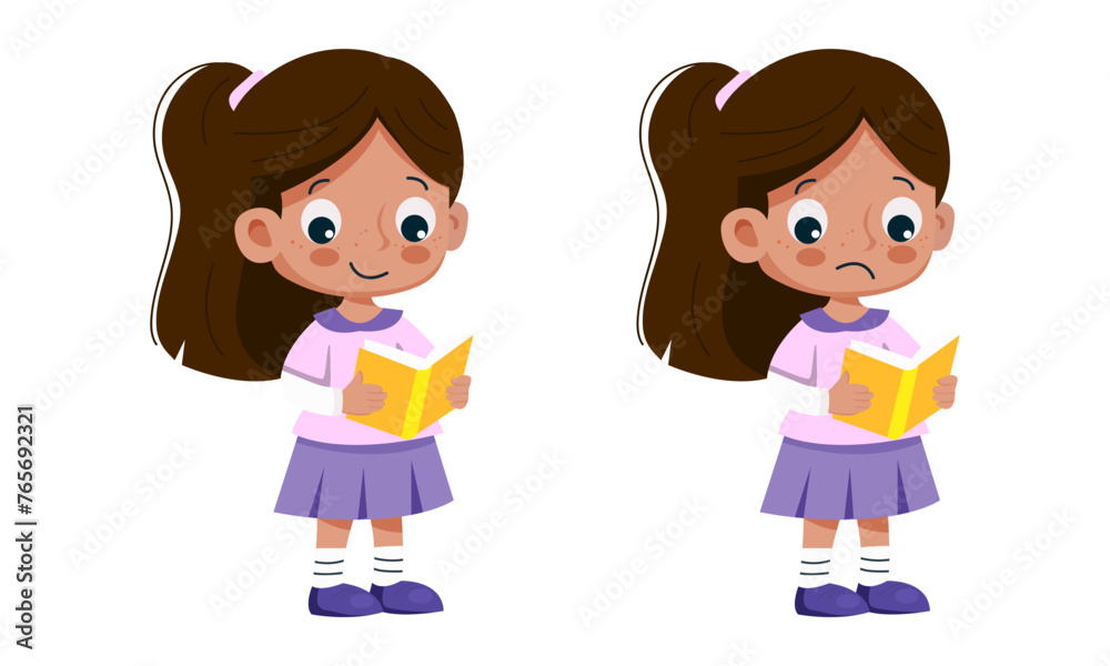little schoolgirl with a textbook in her hands. Cartoon characters. Two emotions. Vector illustration. Isolated on white background little schoolgirl with a textbook in her hands. Cartoon characters. Two emotions. Vector illustration. Isolated on white background