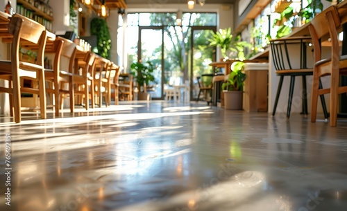 Sunlit Caf   Interior with Wooden Chairs and Tables Reflecting on a Polished Floor by Large Windows