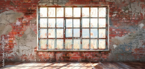 An open brick wall surrounds a window, featuring industrial fragments and hues of light red and white.