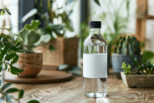 Mockup einer Wasserflasche mit leerem, weißen Etikett. Zimmerpflanzen im Hintergrund 