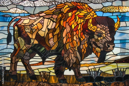 Intricate stained glass showcase of a majestic buffalo, powerful and detailed