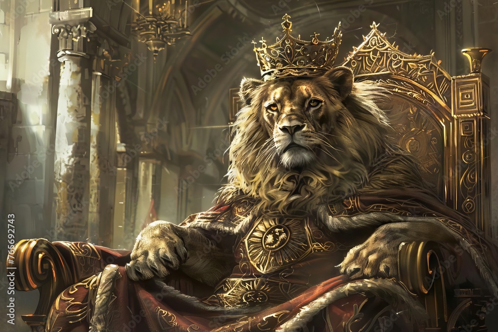 lion-headed man, wearing a king's crown and robe, sitting on a throne in a castle, digital art lion-headed man, wearing a king's crown and robe, sitting on a throne in a castle, digital art