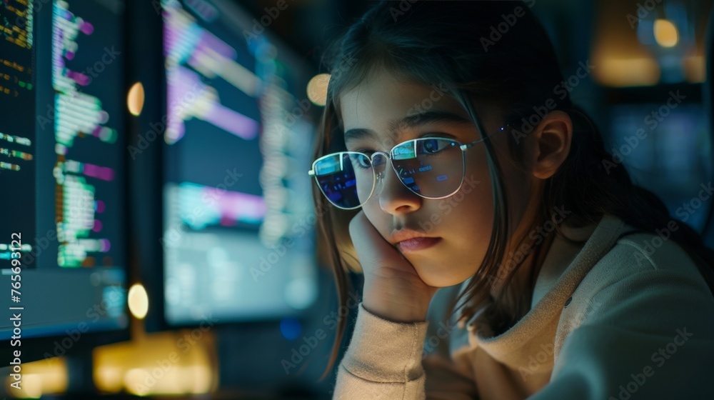 A Middle Eastern girl with coding glasses sits mesmerized in front of a computer screen, her fingers flying across the keyboard as she builds a video game. (determined, tech-savvy) A Middle Eastern girl with coding glasses sits mesmerized in front of a computer screen, her fingers flying across the keyboard as she builds a video game. (determined, tech-savvy)