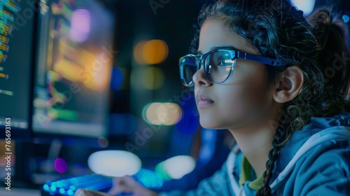 A Middle Eastern girl with coding glasses sits mesmerized in front of a computer screen, her fingers flying across the keyboard as she builds a video game. (determined, tech-savvy)