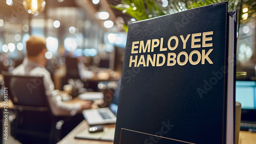 a binder on an office desk that says employee handbook photo