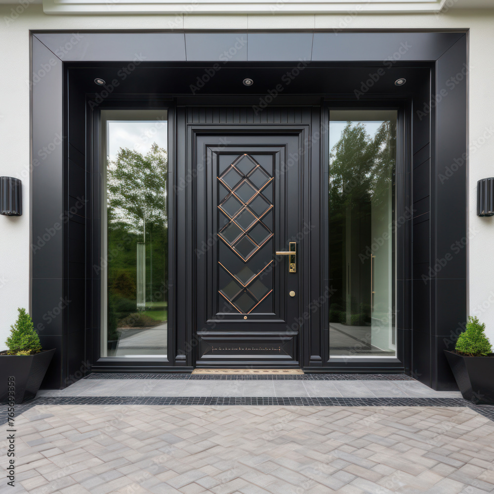 Fototapeta premium Main door to the luxury house with spring decoration, beautiful elegant entrance to the house, modern and elegant door, Spring time, Mockup 