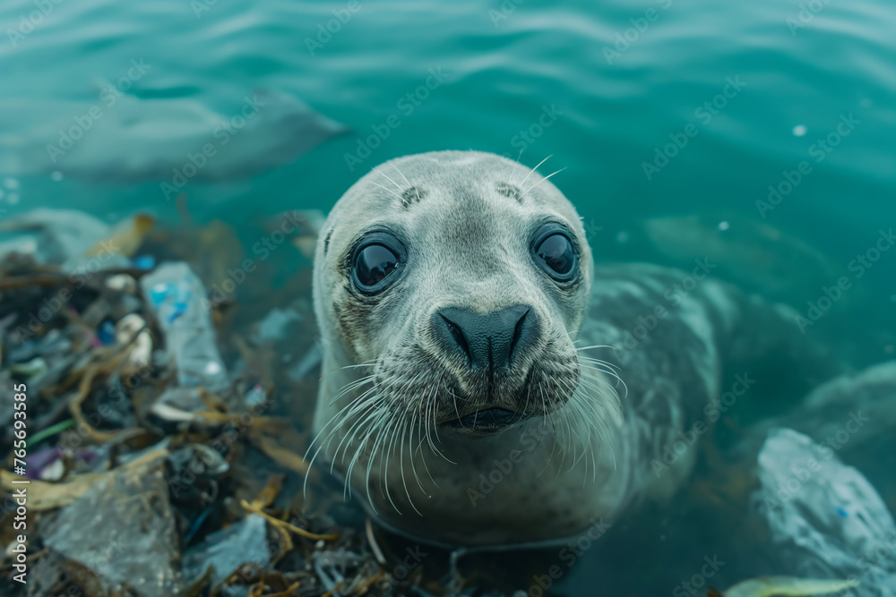 Fototapeta premium Marine animals that must face environmental disasters Garbage and plastic in the sea 