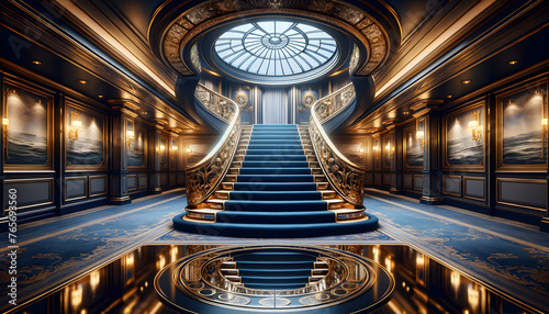 A grand and luxurious ship's interior with an opulent double staircase leading to an illuminated circular skylight. The stairs are carpeted in rich blue, with ornate gold-accented balustrades photo