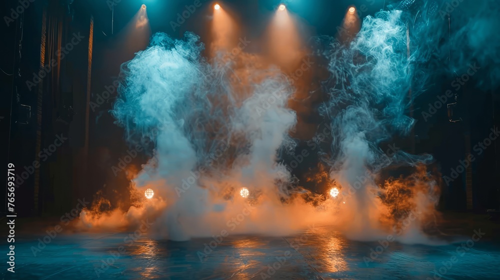 Empty stage with dramatic lighting and smoke effects