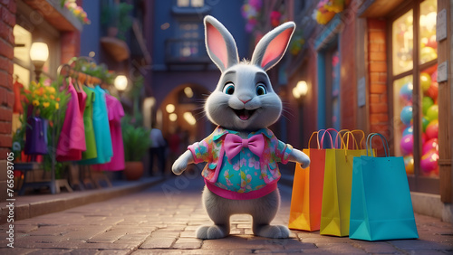 Cute stylish cartoon Easter bunny with packages for festive purchases.