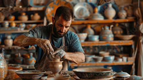 A Middle Eastern man with a prosthetic arm works meticulously in his pottery studio. The studio is filled with vibrant ceramics and the warm glow of a kiln.