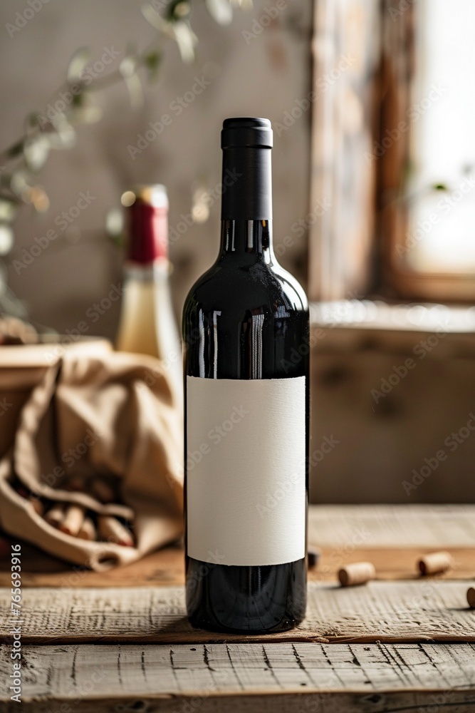 Fototapeta premium Stehende Rotweinflasche mit leerem, weißen Etikett, Weinflaschen Mockup 
