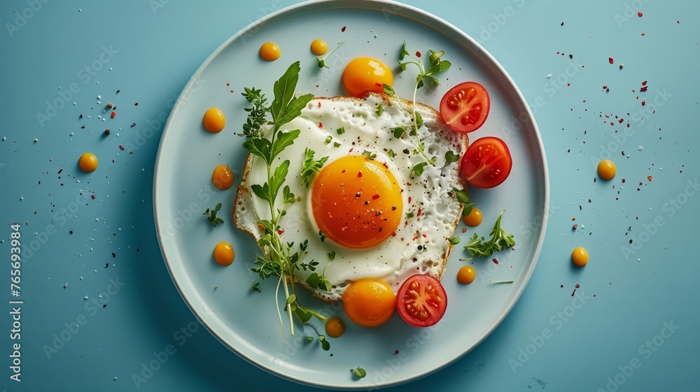 Simple meal presented on a bright blue background for a minimal look