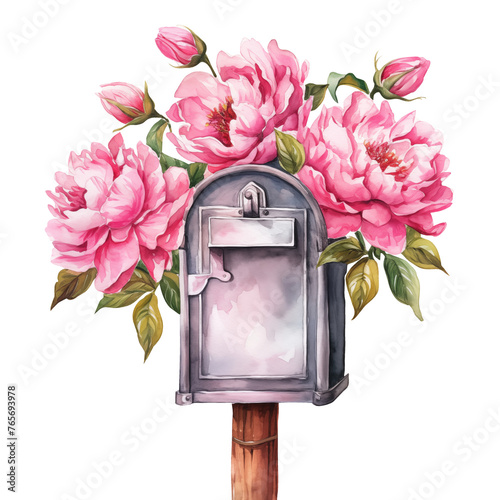 Watercolor illustration of mailbox surrounded by pink peony flower blossom. Design element isolated on white background.