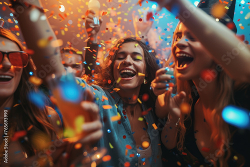 Joyous Celebration: Group of Friends Enjoying a Confetti-Filled Party