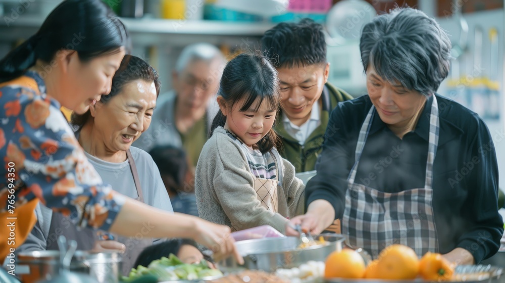 A multigenerational Asian family volunteers at a local soup kitchen, working side-by-side to serve food to others, with smiles of unity and purpose.