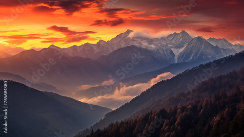 A stunning landscape photograph of snow-capped mountains at sunset. The warm colors of the sky and the soft light create a peaceful and serene scene.