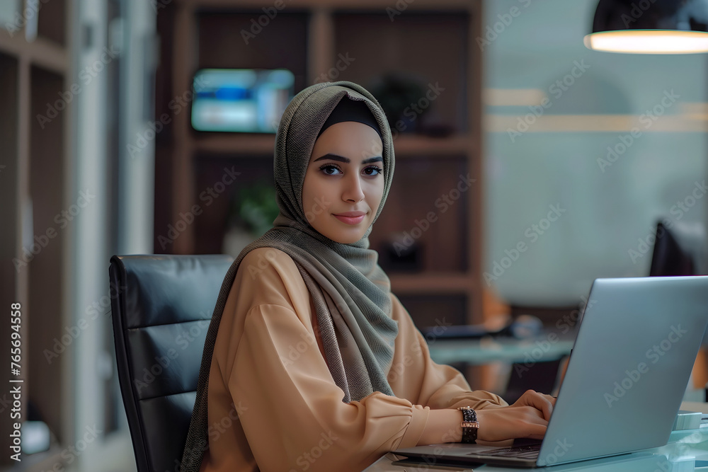 Portrait of an arab woman sitting in an office using a laptop Portrait of an arab woman sitting in an office using a laptop